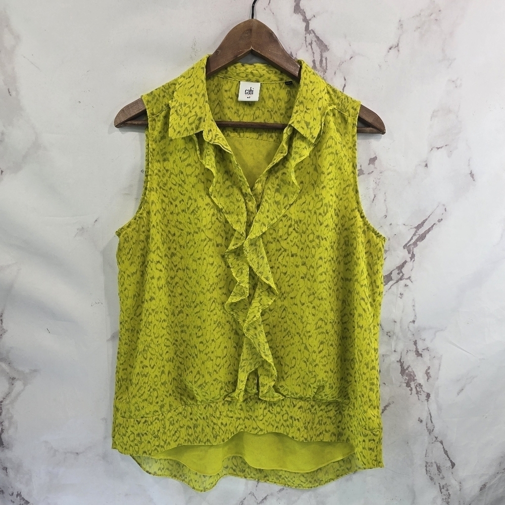 CAbi Shirt Womens Large Chartreuse Yellow Neon Tank Blouse Reign Ruffle 3071